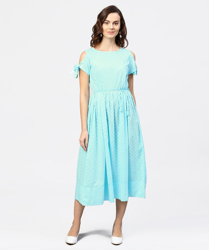 Women's Printed Round Neck With A Draw-String At Yoke And Knotted Short Sleeves Maxi Dress