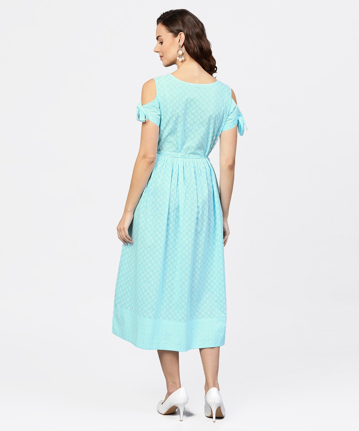 Women's Printed Round Neck With A Draw-String At Yoke And Knotted Short Sleeves Maxi Dress
