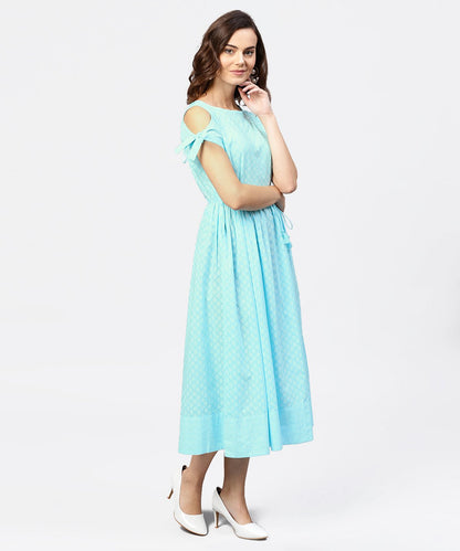 Women's Printed Round Neck With A Draw-String At Yoke And Knotted Short Sleeves Maxi Dress