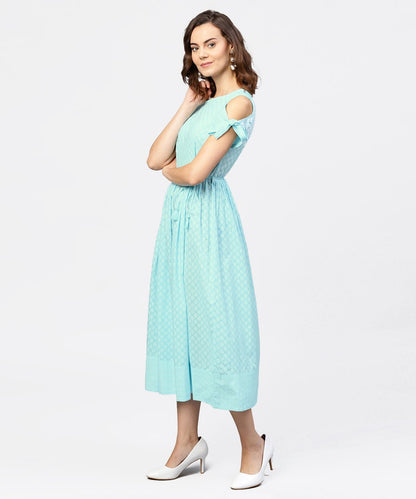Women's Printed Round Neck With A Draw-String At Yoke And Knotted Short Sleeves Maxi Dress