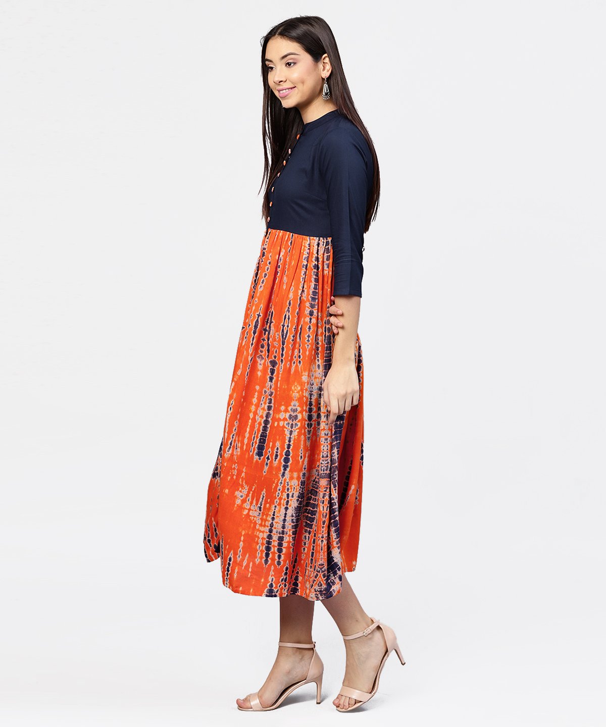 Women's Printed Tye-Dye Chinese Collared 3/4Th Sleeves Maxi Dress