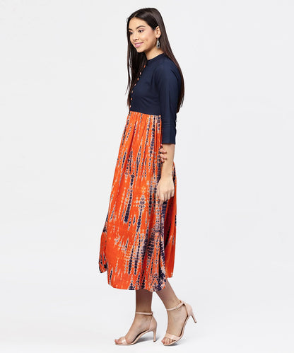 Women's Printed Tye-Dye Chinese Collared 3/4Th Sleeves Maxi Dress