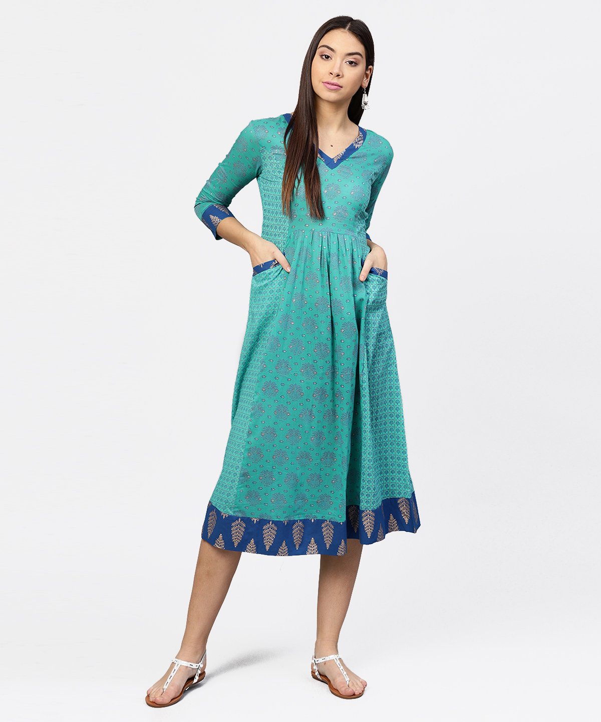 Women's Printed V-Neck Panelled With Patch Pockets And 3/4Th Sleeved Maxi Dress