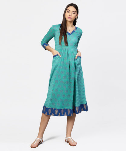 Women's Printed V-Neck Panelled With Patch Pockets And 3/4Th Sleeved Maxi Dress