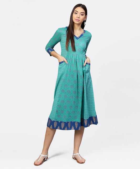 Women's Printed V-Neck Panelled With Patch Pockets And 3/4Th Sleeved Maxi Dress