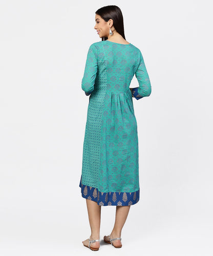 Women's Printed V-Neck Panelled With Patch Pockets And 3/4Th Sleeved Maxi Dress