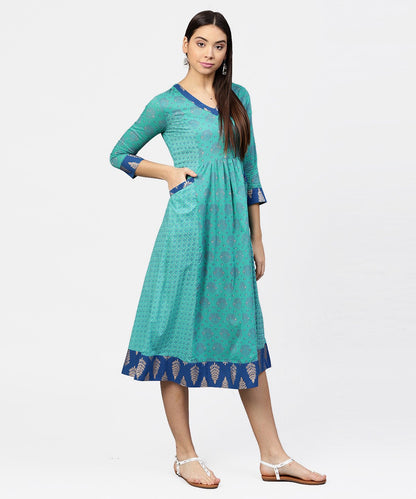 Women's Printed V-Neck Panelled With Patch Pockets And 3/4Th Sleeved Maxi Dress