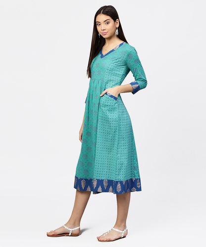 Women's Printed V-Neck Panelled With Patch Pockets And 3/4Th Sleeved Maxi Dress
