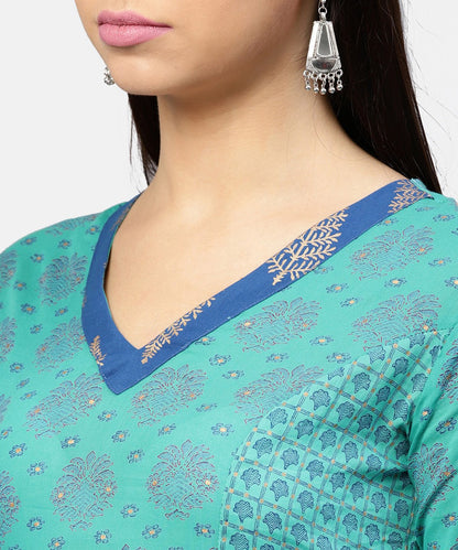 Women's Printed V-Neck Panelled With Patch Pockets And 3/4Th Sleeved Maxi Dress