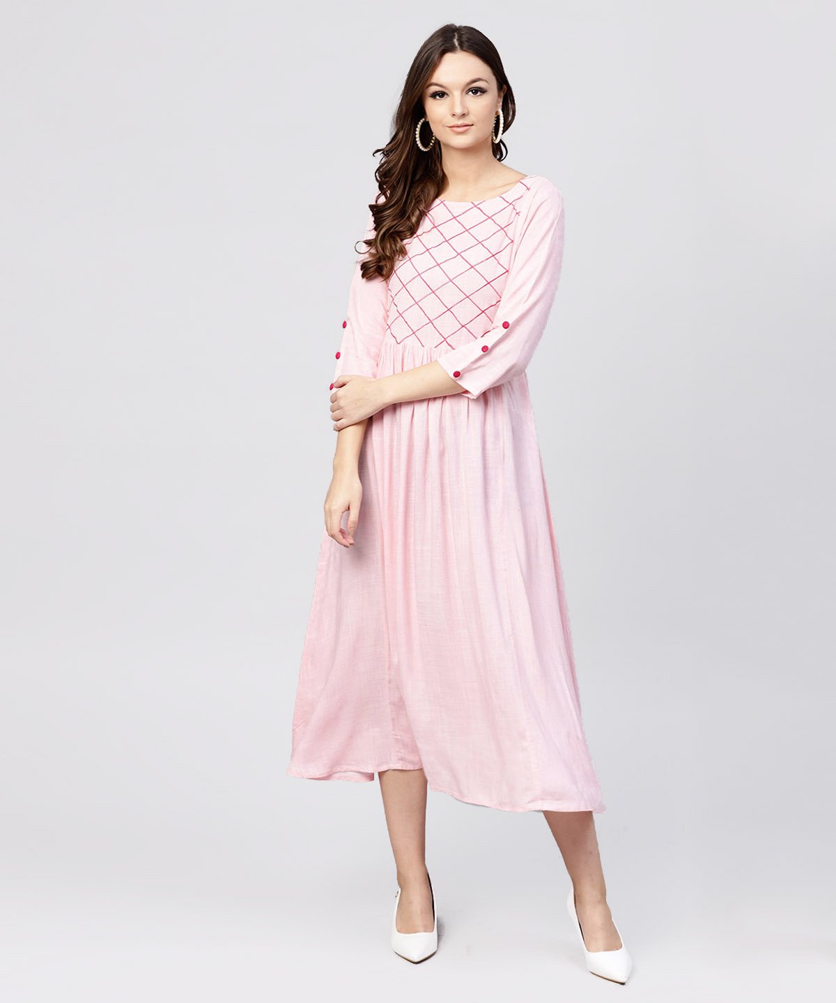 Women's Rayon Pink Embroidered Full Sleeves Pleated Maxi Dress