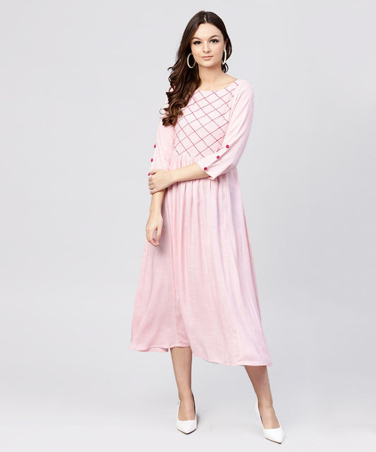 Women's Rayon Pink Embroidered Full Sleeves Pleated Maxi Dress
