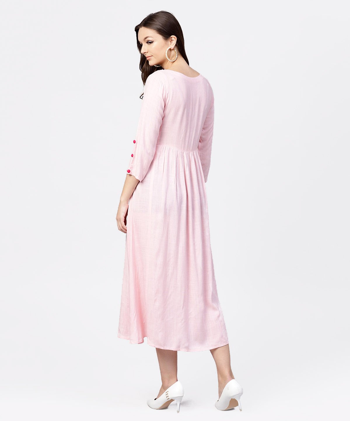 Women's Rayon Pink Embroidered Full Sleeves Pleated Maxi Dress