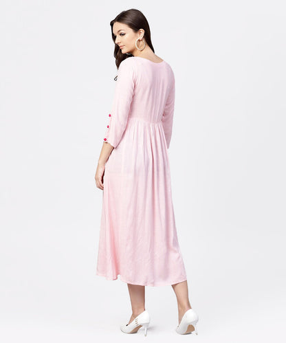 Women's Rayon Pink Embroidered Full Sleeves Pleated Maxi Dress