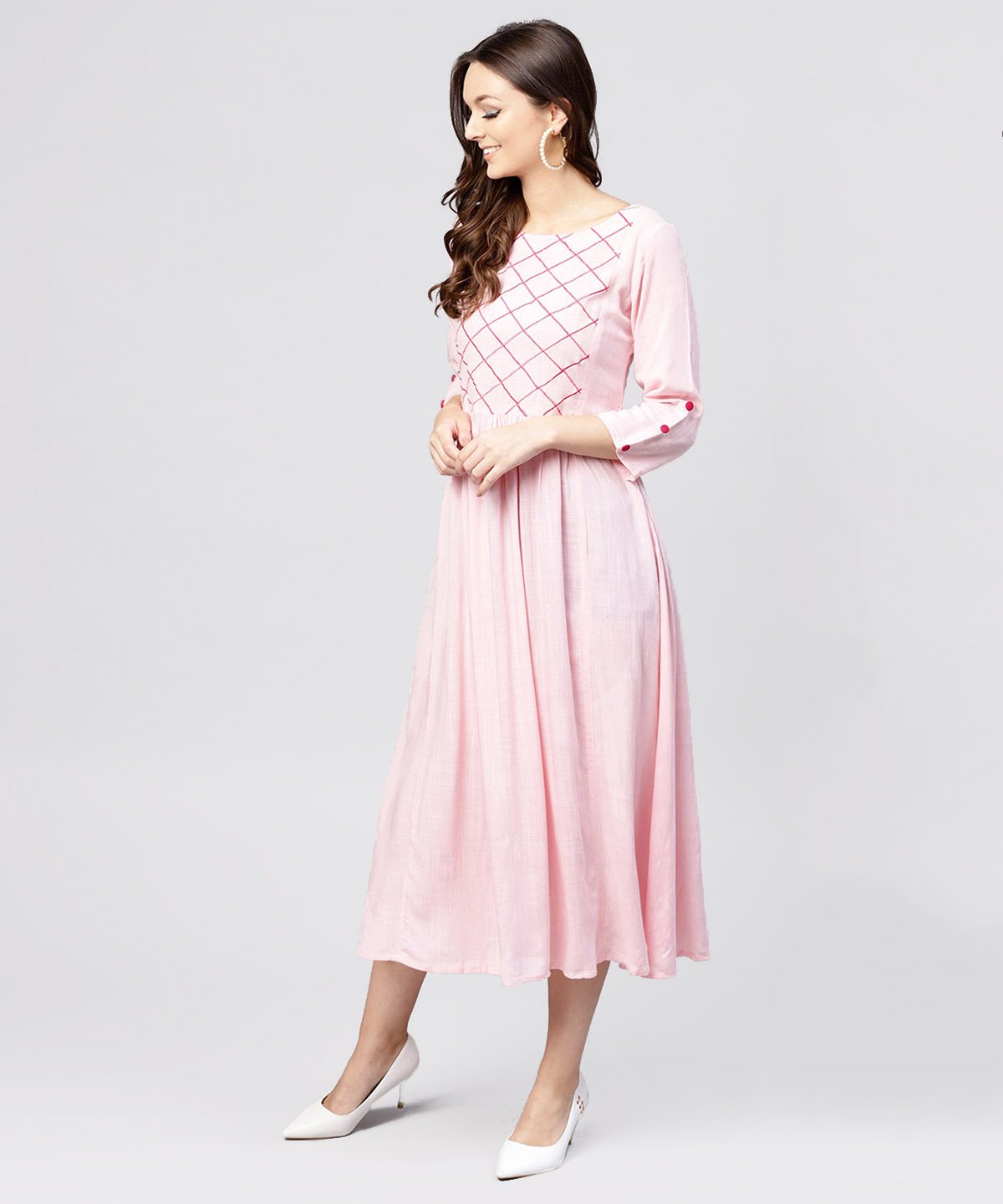 Women's Rayon Pink Embroidered Full Sleeves Pleated Maxi Dress