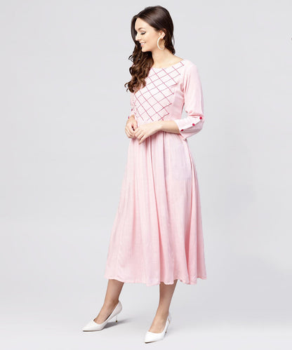 Women's Rayon Pink Embroidered Full Sleeves Pleated Maxi Dress