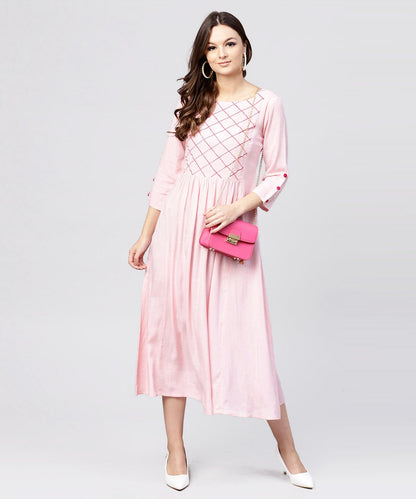 Women's Rayon Pink Embroidered Full Sleeves Pleated Maxi Dress
