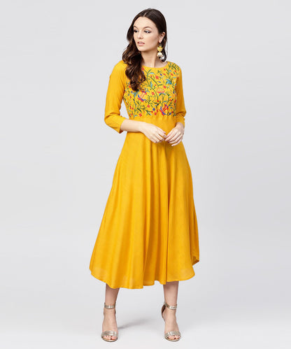 Women's Yellow Round Neck Embroidered Full Sleeves Rayon Maxi Dress