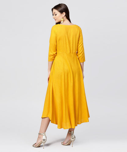 Women's Yellow Round Neck Embroidered Full Sleeves Rayon Maxi Dress