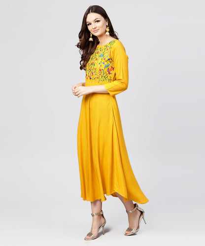 Women's Yellow Round Neck Embroidered Full Sleeves Rayon Maxi Dress