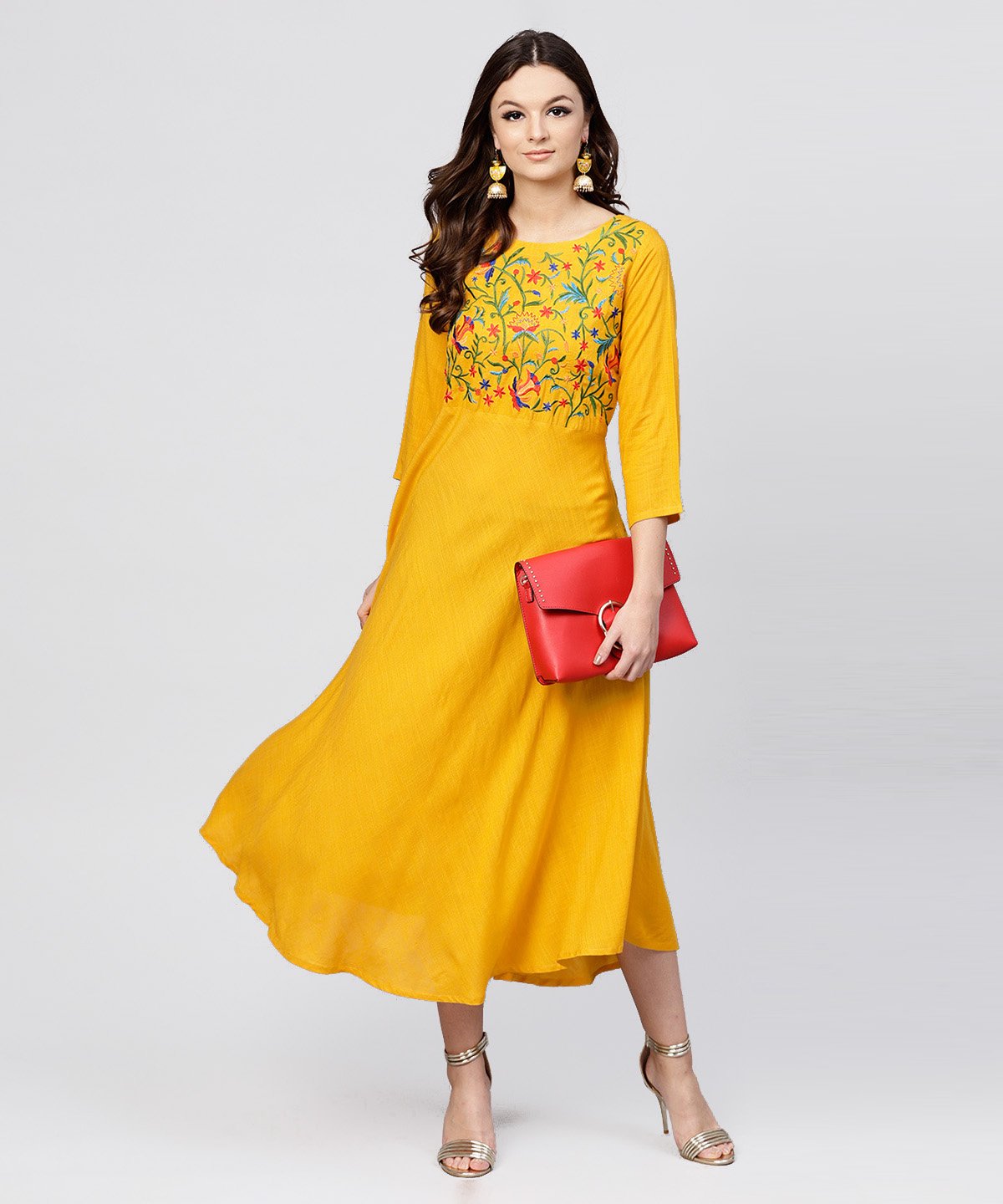Women's Yellow Round Neck Embroidered Full Sleeves Rayon Maxi Dress