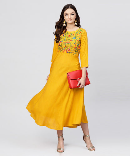 Women's Yellow Round Neck Embroidered Full Sleeves Rayon Maxi Dress