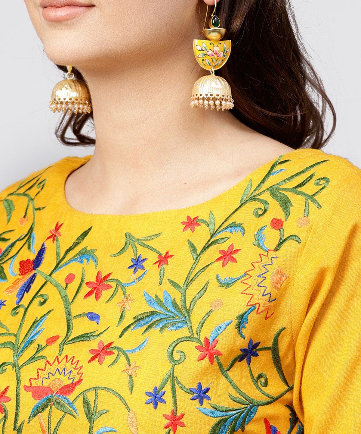 Women's Yellow Round Neck Embroidered Full Sleeves Rayon Maxi Dress