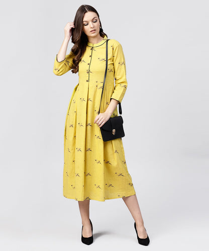 Women's Mustard Full Sleeves Cotton Maxi Dress With Madarin Collar And Front Placket
