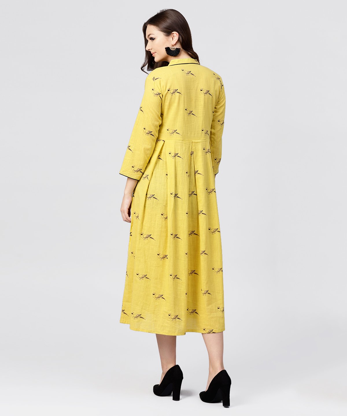 Women's Mustard Full Sleeves Cotton Maxi Dress With Madarin Collar And Front Placket