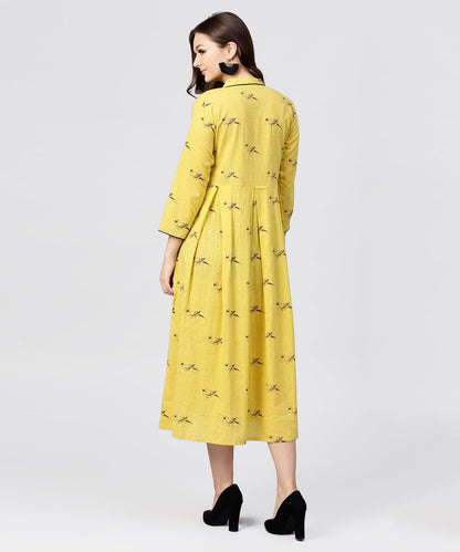 Women's Mustard Full Sleeves Cotton Maxi Dress With Madarin Collar And Front Placket