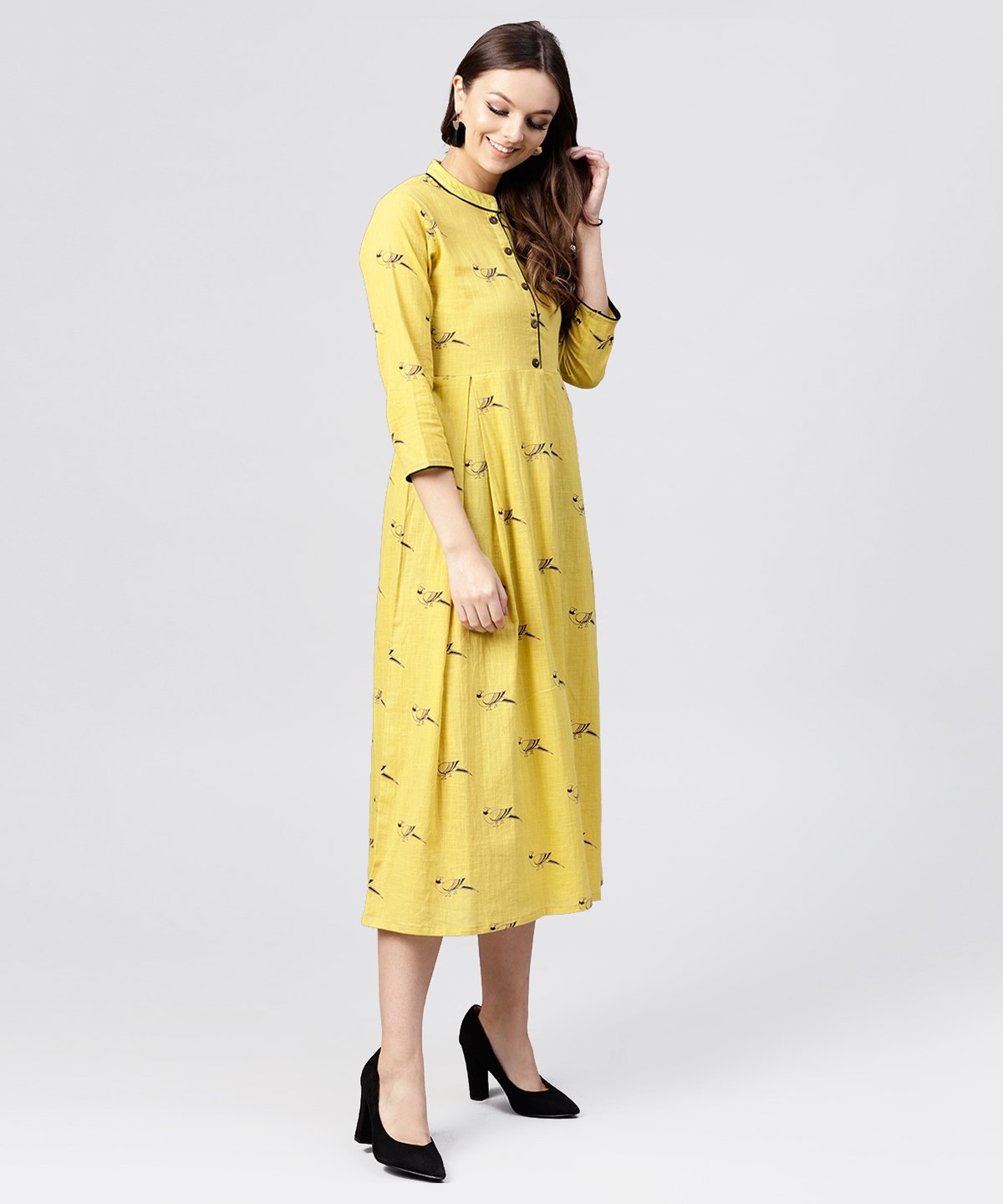 Women's Mustard Full Sleeves Cotton Maxi Dress With Madarin Collar And Front Placket
