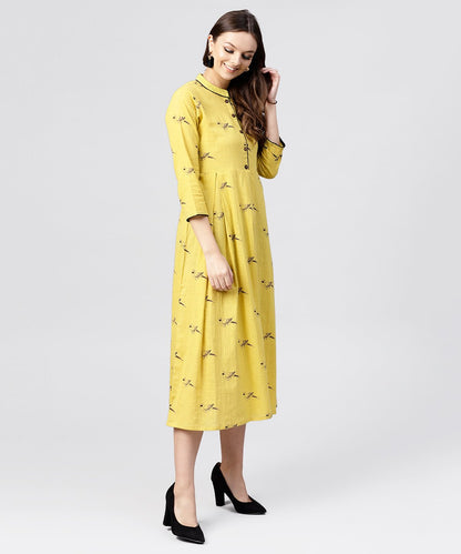Women's Mustard Full Sleeves Cotton Maxi Dress With Madarin Collar And Front Placket
