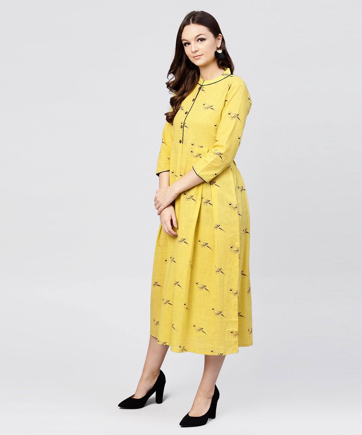 Women's Mustard Full Sleeves Cotton Maxi Dress With Madarin Collar And Front Placket