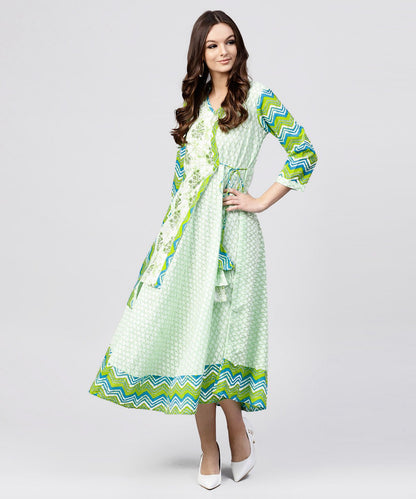 Women's Green Printed Cotton Angrakha Style Dress With  Madarin Collar Emblished With Tassels