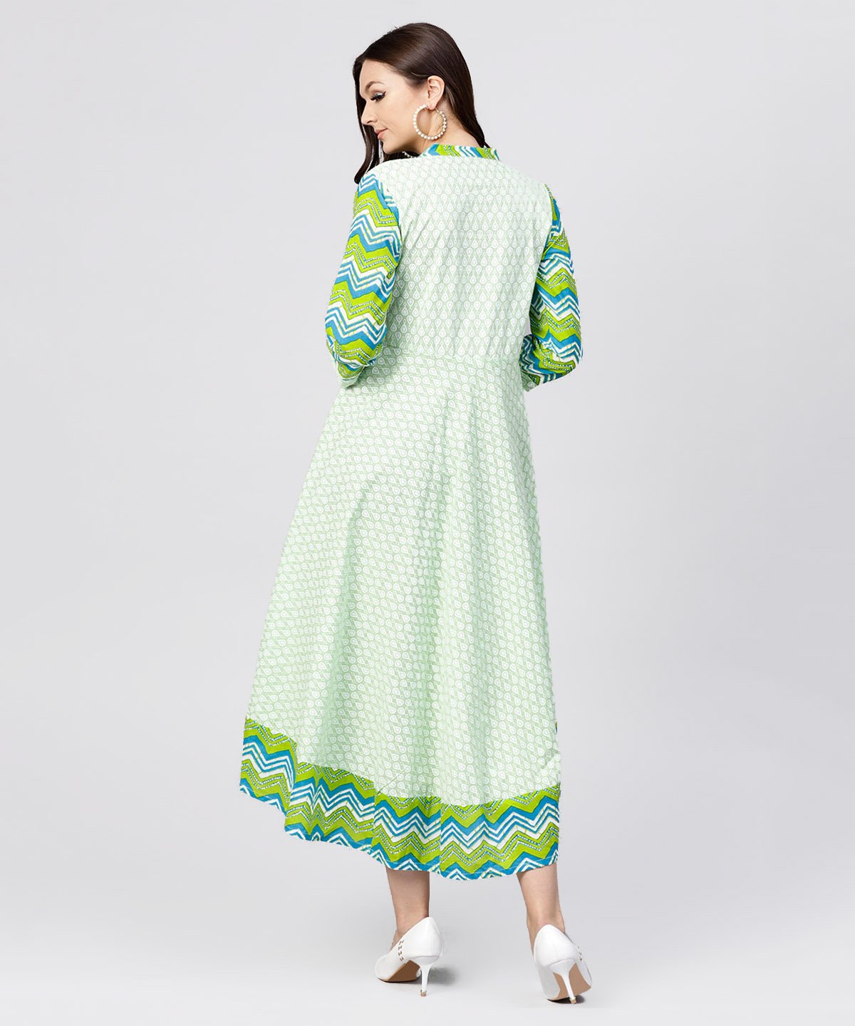 Women's Green Printed Cotton Angrakha Style Dress With  Madarin Collar Emblished With Tassels