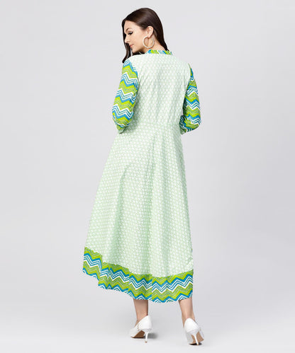 Women's Green Printed Cotton Angrakha Style Dress With  Madarin Collar Emblished With Tassels