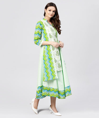 Women's Green Printed Cotton Angrakha Style Dress With  Madarin Collar Emblished With Tassels