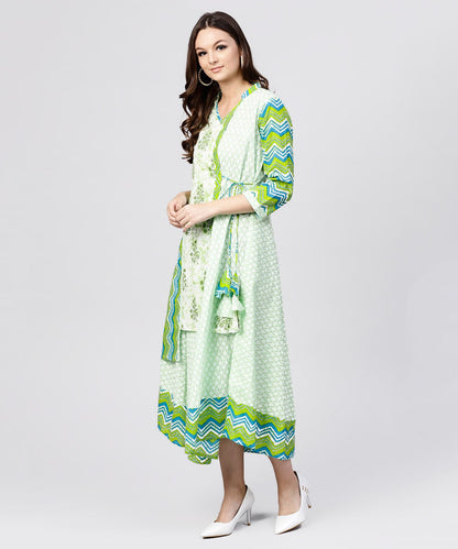 Women's Green Printed Cotton Angrakha Style Dress With  Madarin Collar Emblished With Tassels