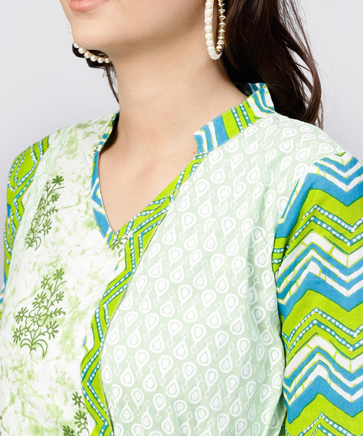 Women's Green Printed Cotton Angrakha Style Dress With  Madarin Collar Emblished With Tassels