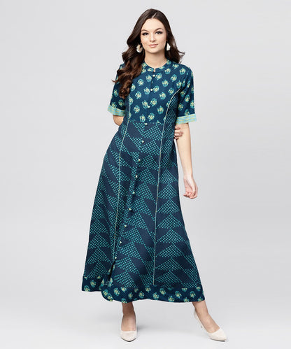 Women's Blue Printed Panelled Cut A-Line Kurta With Printed Yoke And Front Placket