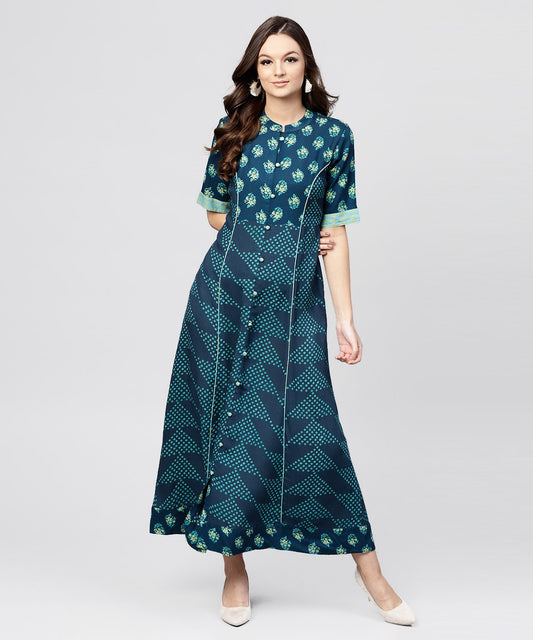 Women's Blue Printed Panelled Cut A-Line Kurta With Printed Yoke And Front Placket