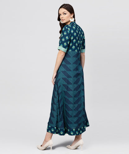 Women's Blue Printed Panelled Cut A-Line Kurta With Printed Yoke And Front Placket