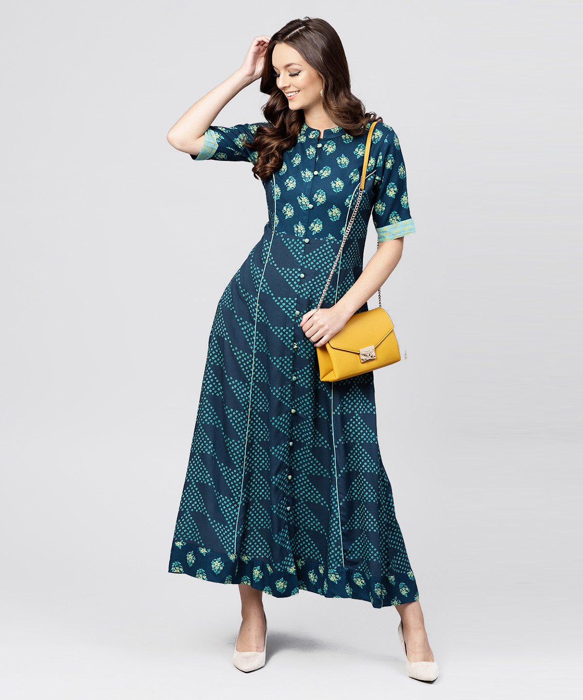 Women's Blue Printed Panelled Cut A-Line Kurta With Printed Yoke And Front Placket