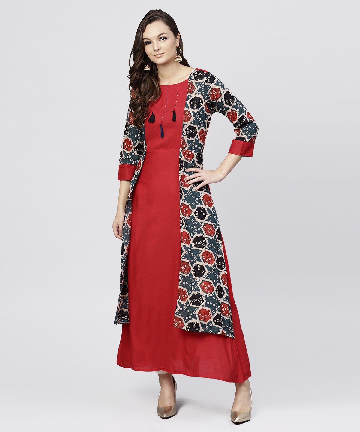 Women's Red Cotton Full Sleeves Kurti With An Attached Jacket And Emblished With Thread Work And Tassel