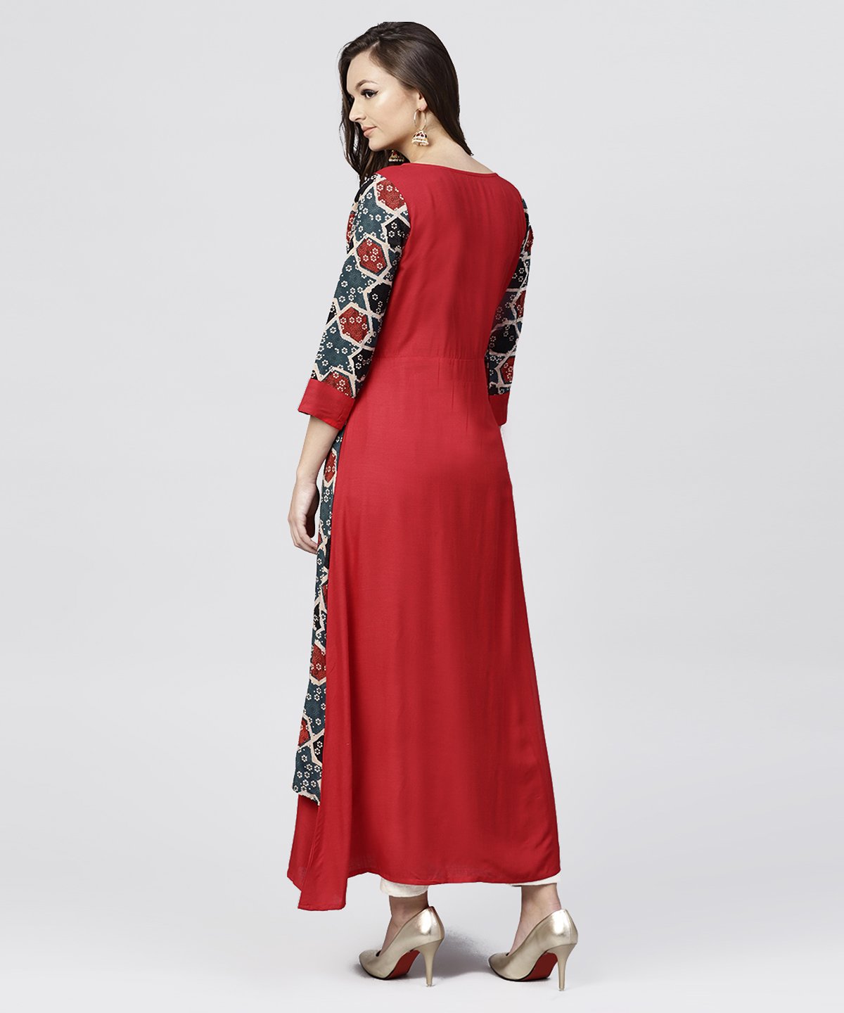Women's Red Cotton Full Sleeves Kurti With An Attached Jacket And Emblished With Thread Work And Tassel