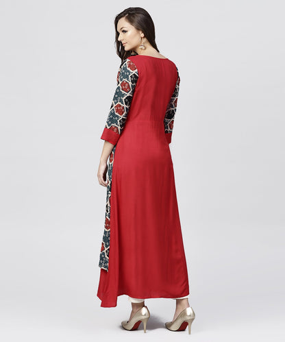 Women's Red Cotton Full Sleeves Kurti With An Attached Jacket And Emblished With Thread Work And Tassel