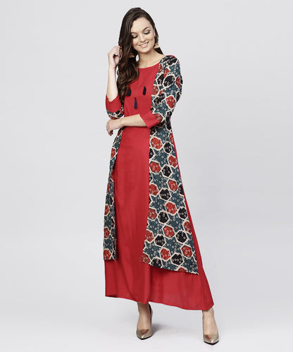 Women's Red Cotton Full Sleeves Kurti With An Attached Jacket And Emblished With Thread Work And Tassel