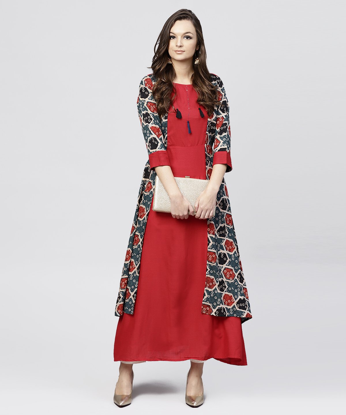 Women's Red Cotton Full Sleeves Kurti With An Attached Jacket And Emblished With Thread Work And Tassel