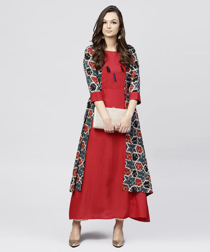 Women's Red Cotton Full Sleeves Kurti With An Attached Jacket And Emblished With Thread Work And Tassel