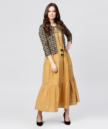 Women's Mustard Cotton Tiered Maxi Dress With Full Sleeves Short Jacket Emblished With Tassel