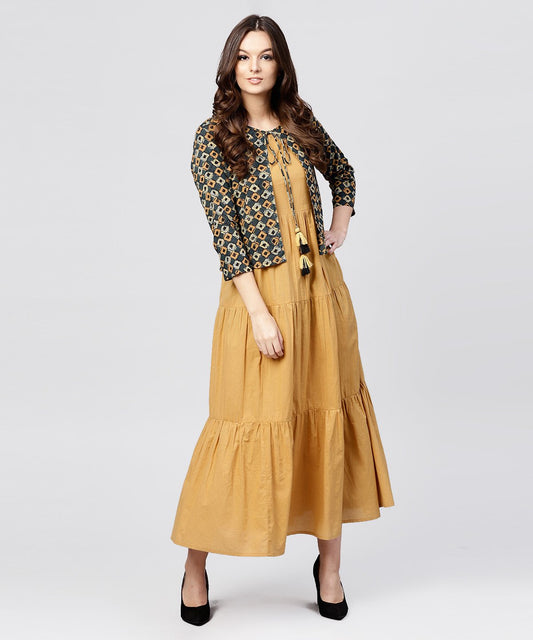 Women's Mustard Cotton Tiered Maxi Dress With Full Sleeves Short Jacket Emblished With Tassel